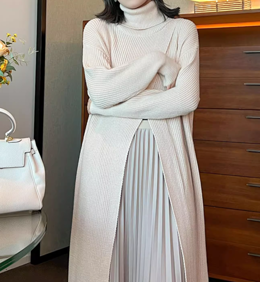 layered turtleneck knit dress with pleated skirt – Fansasa
