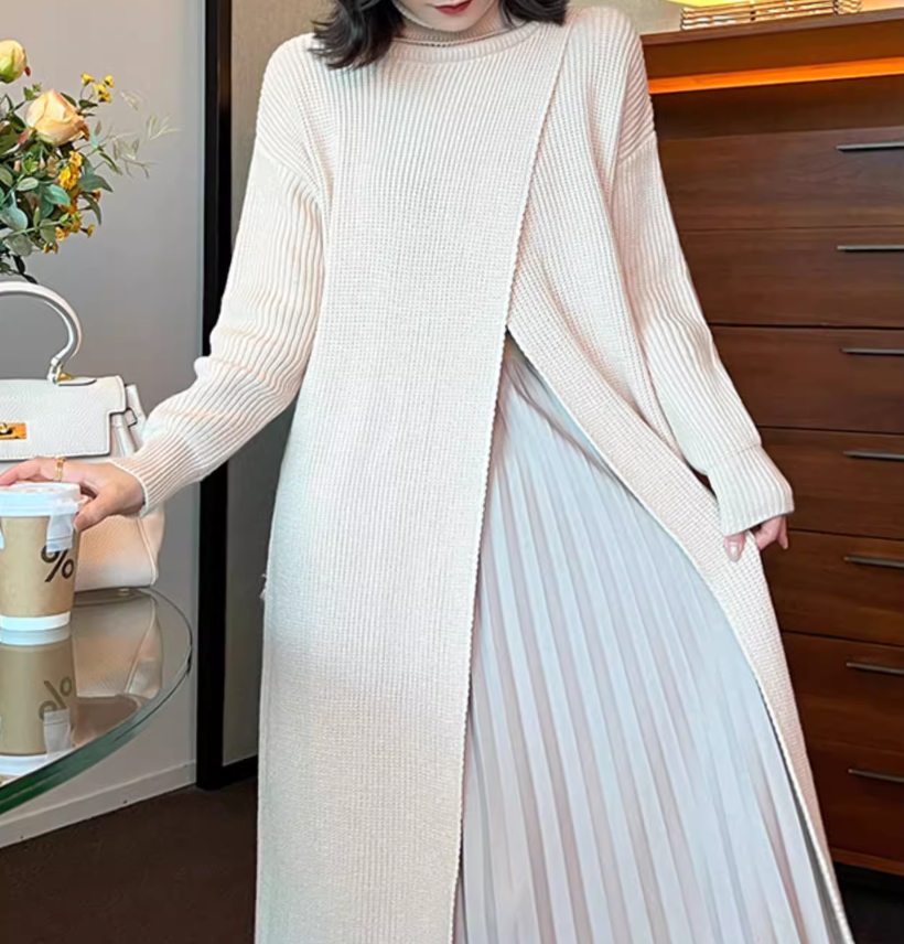 layered turtleneck knit dress with pleated skirt – Fansasa