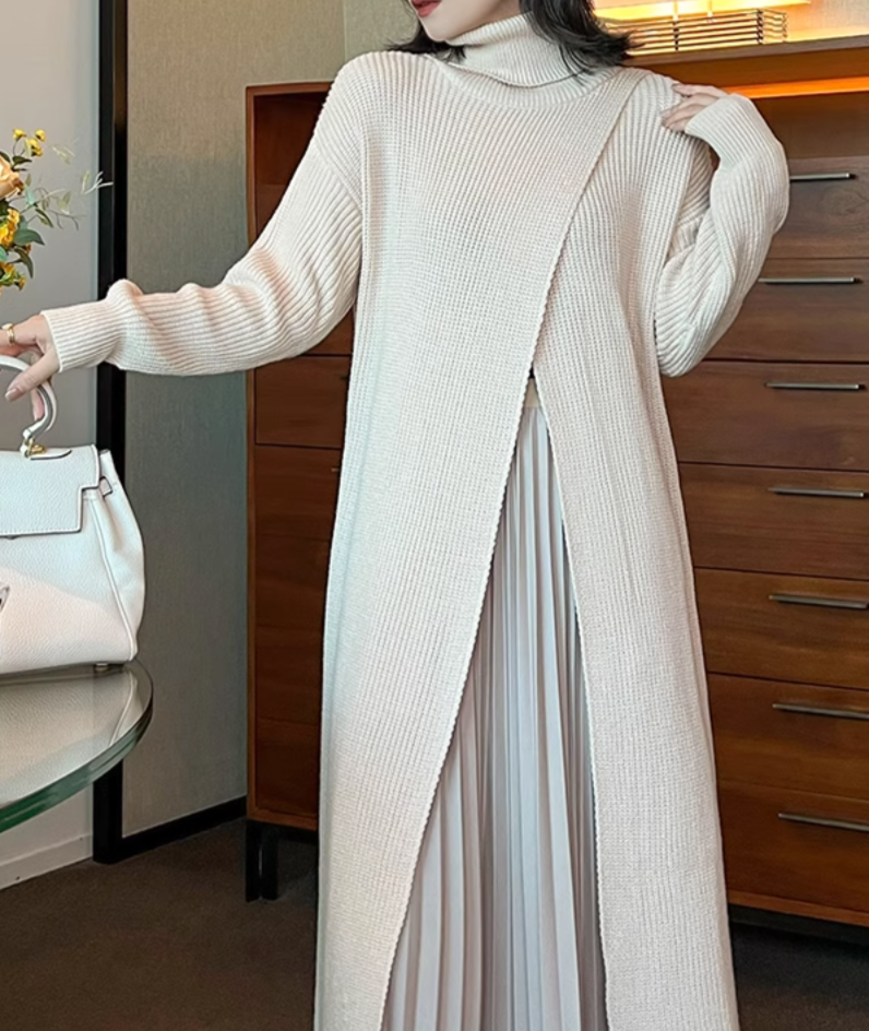 layered turtleneck knit dress with pleated skirt – Fansasa