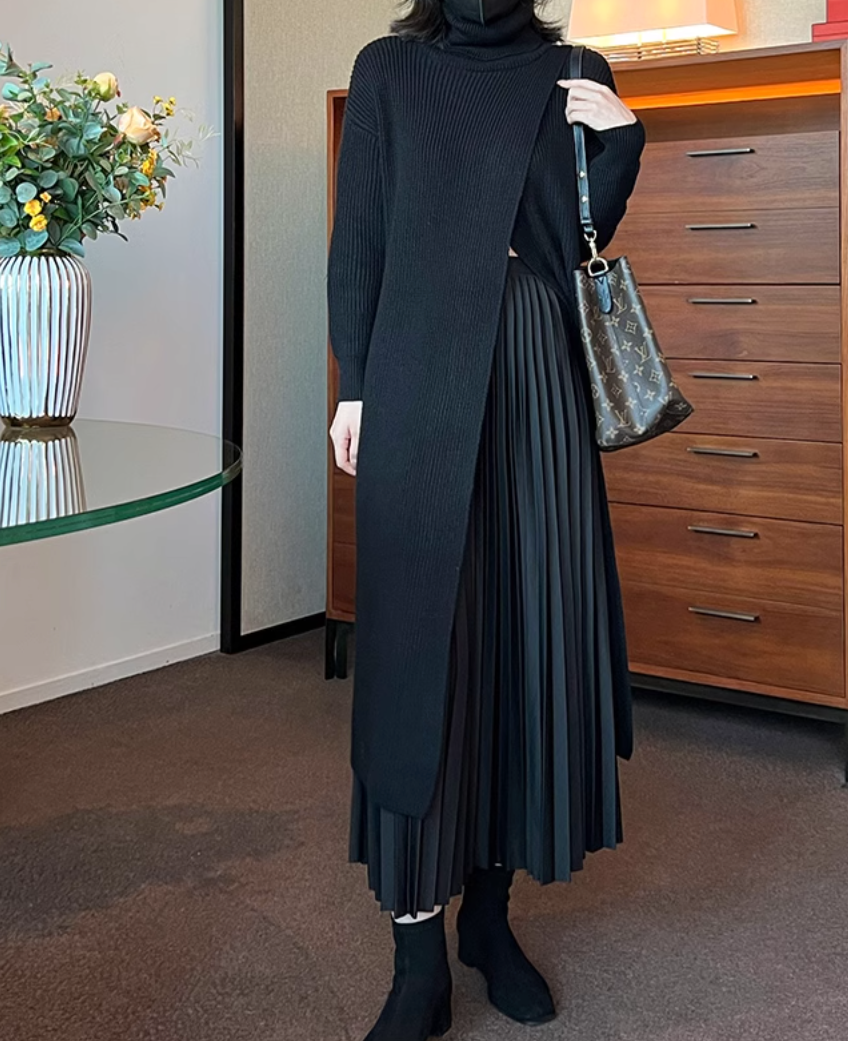 layered turtleneck knit dress with pleated skirt – Fansasa