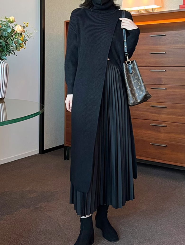 layered turtleneck knit dress with pleated skirt – Fansasa