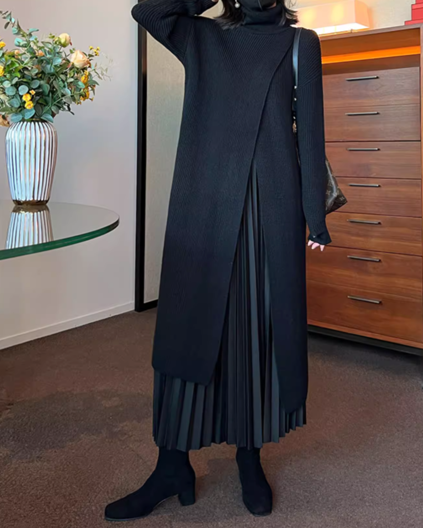 layered turtleneck knit dress with pleated skirt – Fansasa