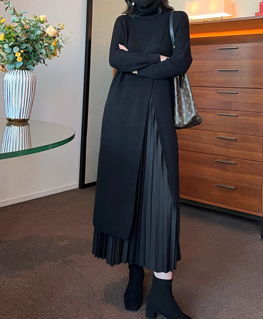 layered turtleneck knit dress with pleated skirt – Fansasa