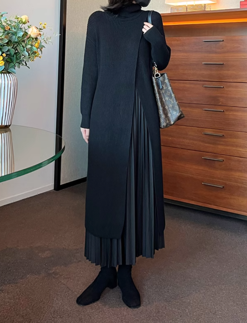 layered turtleneck knit dress with pleated skirt – Fansasa