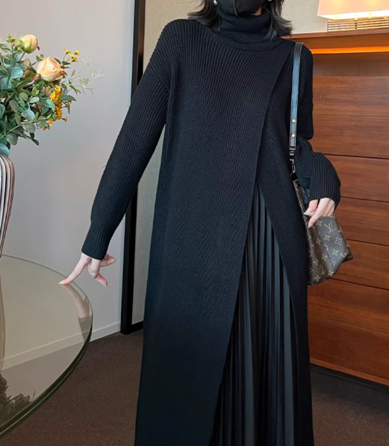 layered turtleneck knit dress with pleated skirt – Fansasa