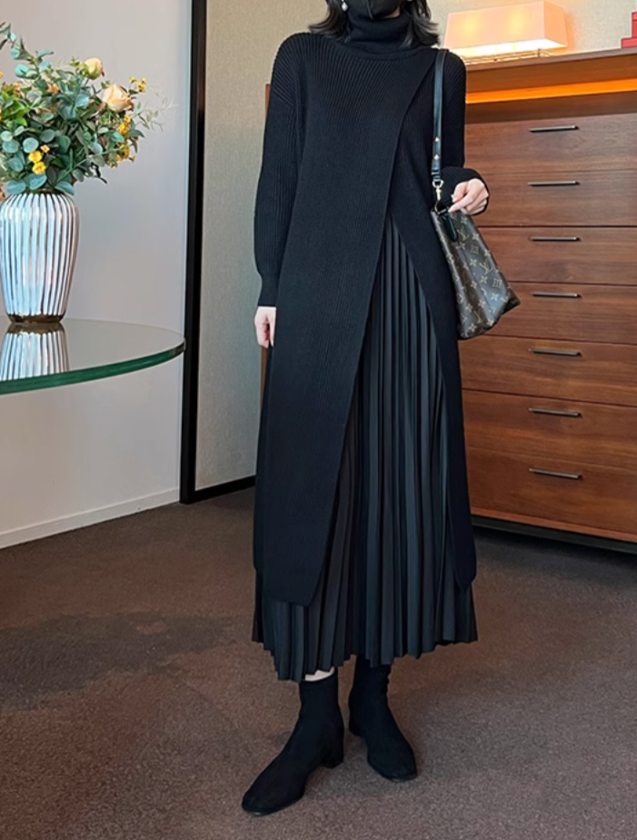 layered turtleneck knit dress with pleated skirt – Fansasa