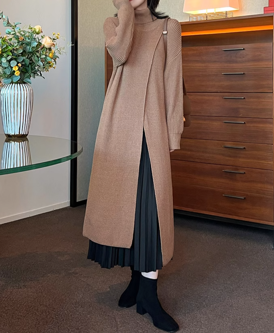 layered turtleneck knit dress with pleated skirt – Fansasa