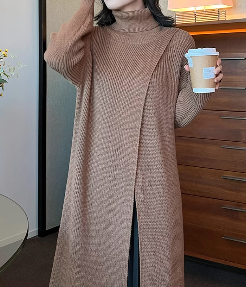 layered turtleneck knit dress with pleated skirt – Fansasa
