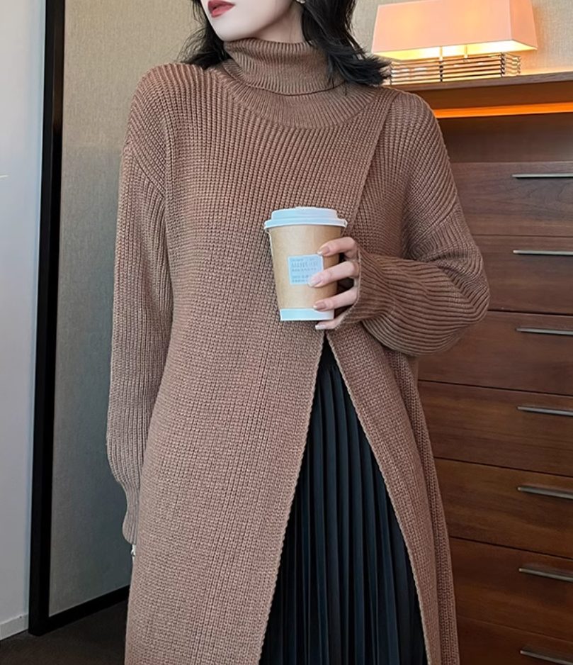 layered turtleneck knit dress with pleated skirt – Fansasa