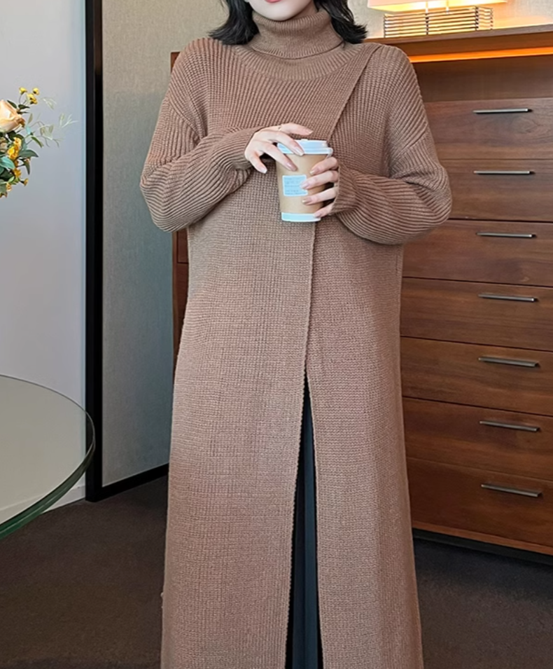 layered turtleneck knit dress with pleated skirt – Fansasa