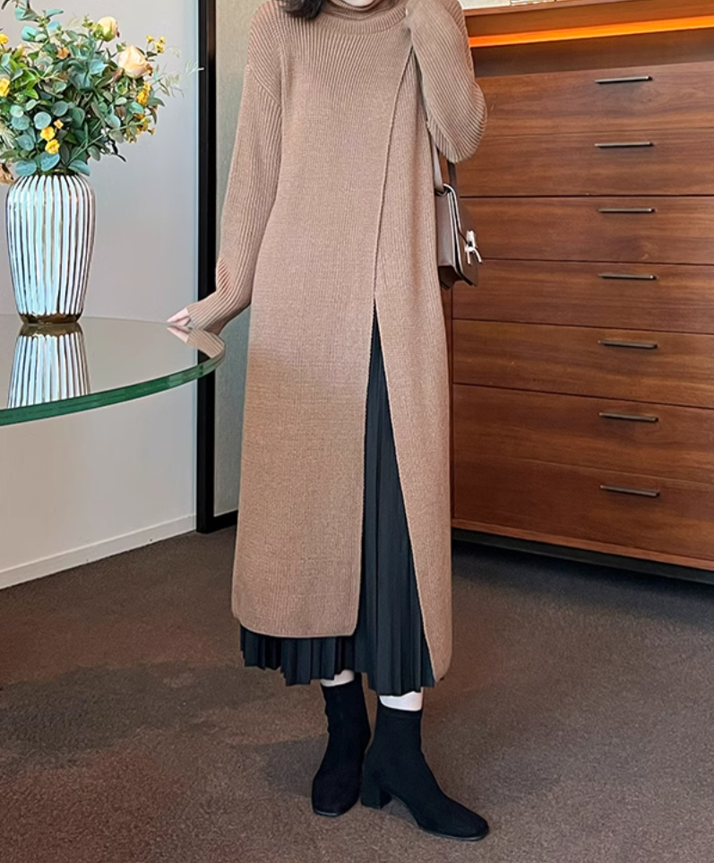 layered turtleneck knit dress with pleated skirt – Fansasa