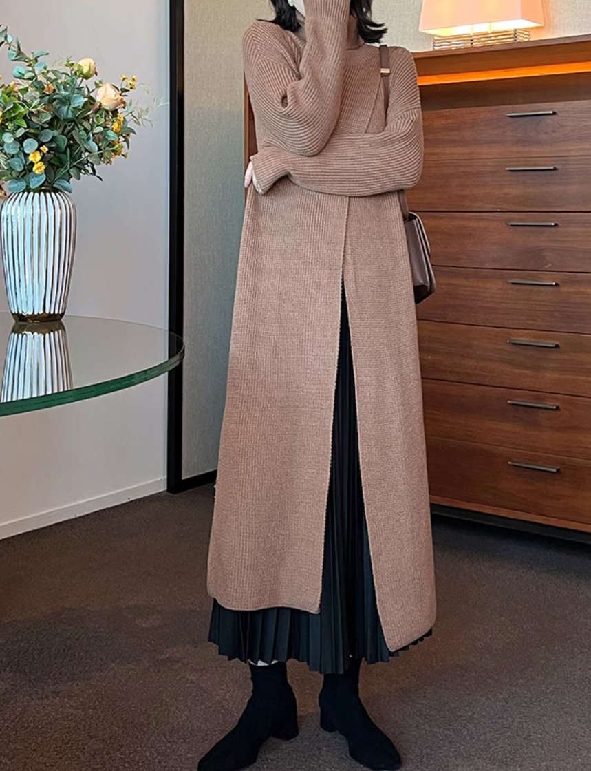 layered turtleneck knit dress with pleated skirt – Fansasa
