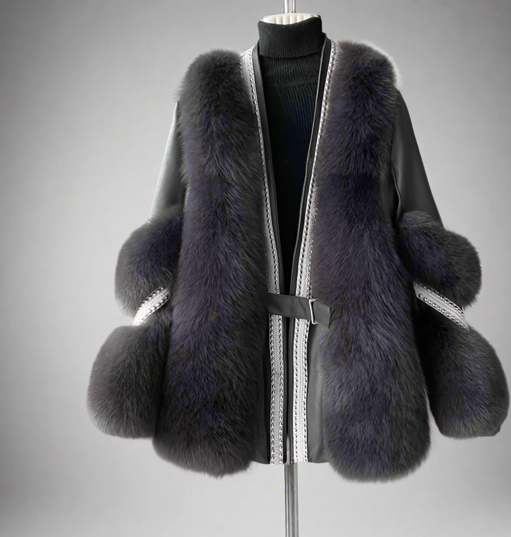 belted faux fur jacket with embellished trim - Feywetr