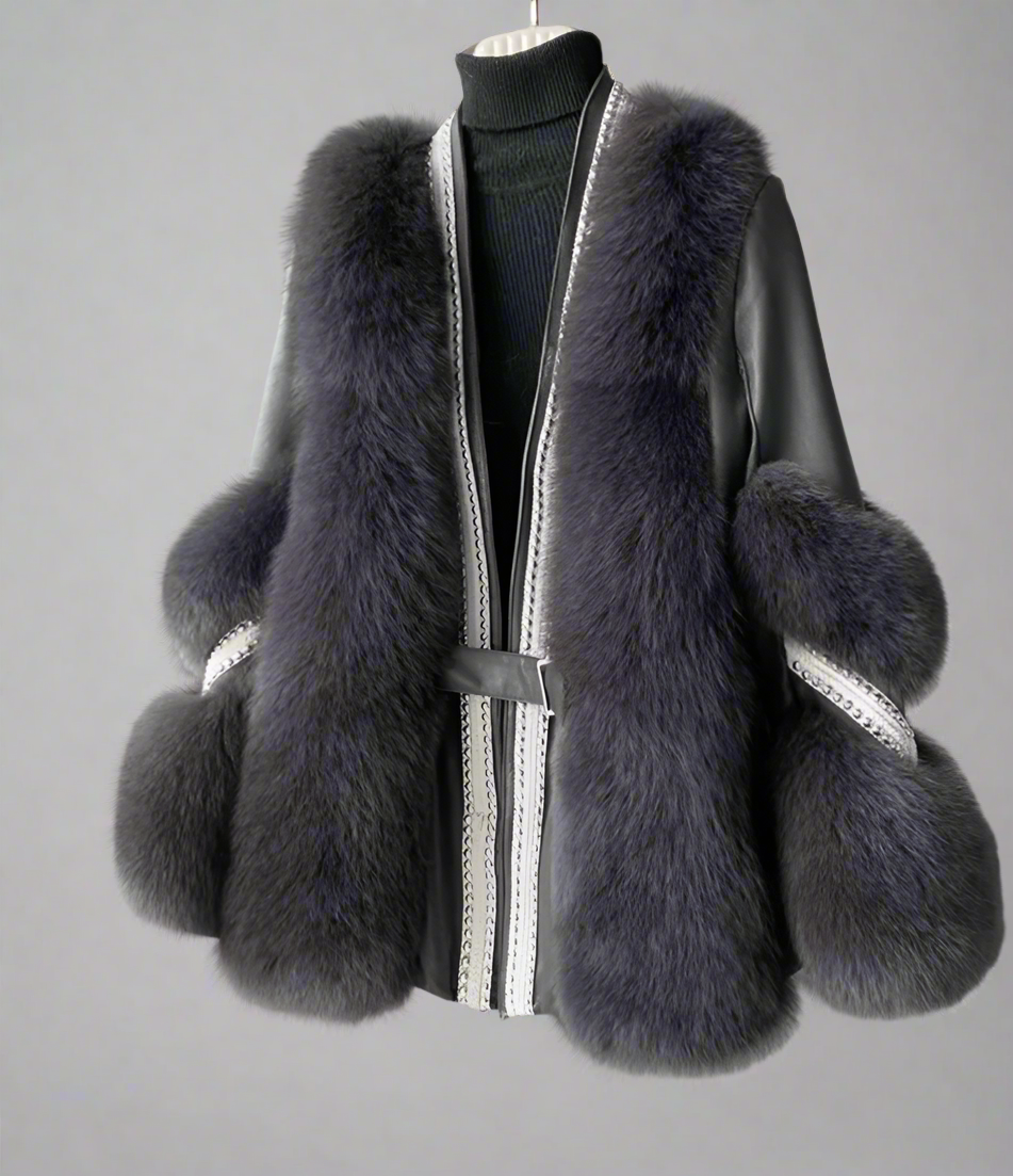 belted faux fur jacket with embellished trim - Feywetr