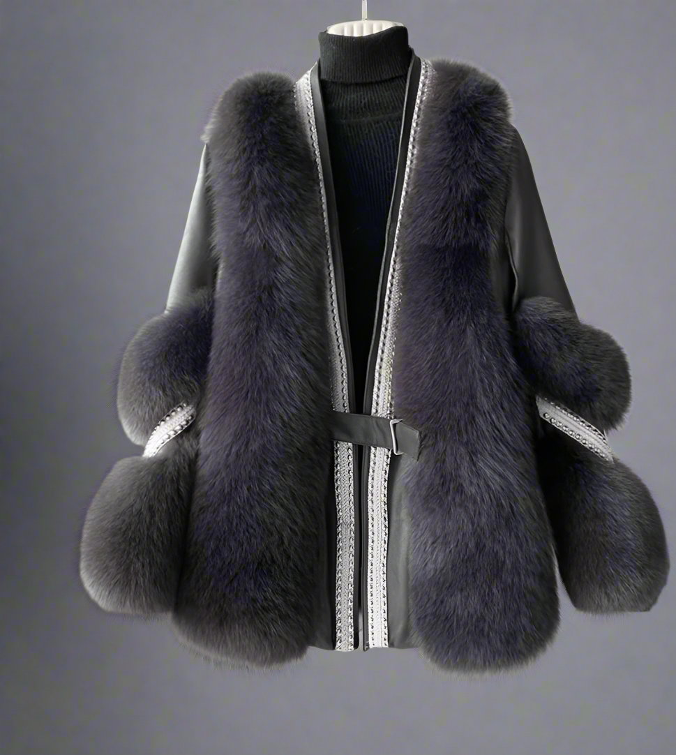 belted faux fur jacket with embellished trim - Feywetr