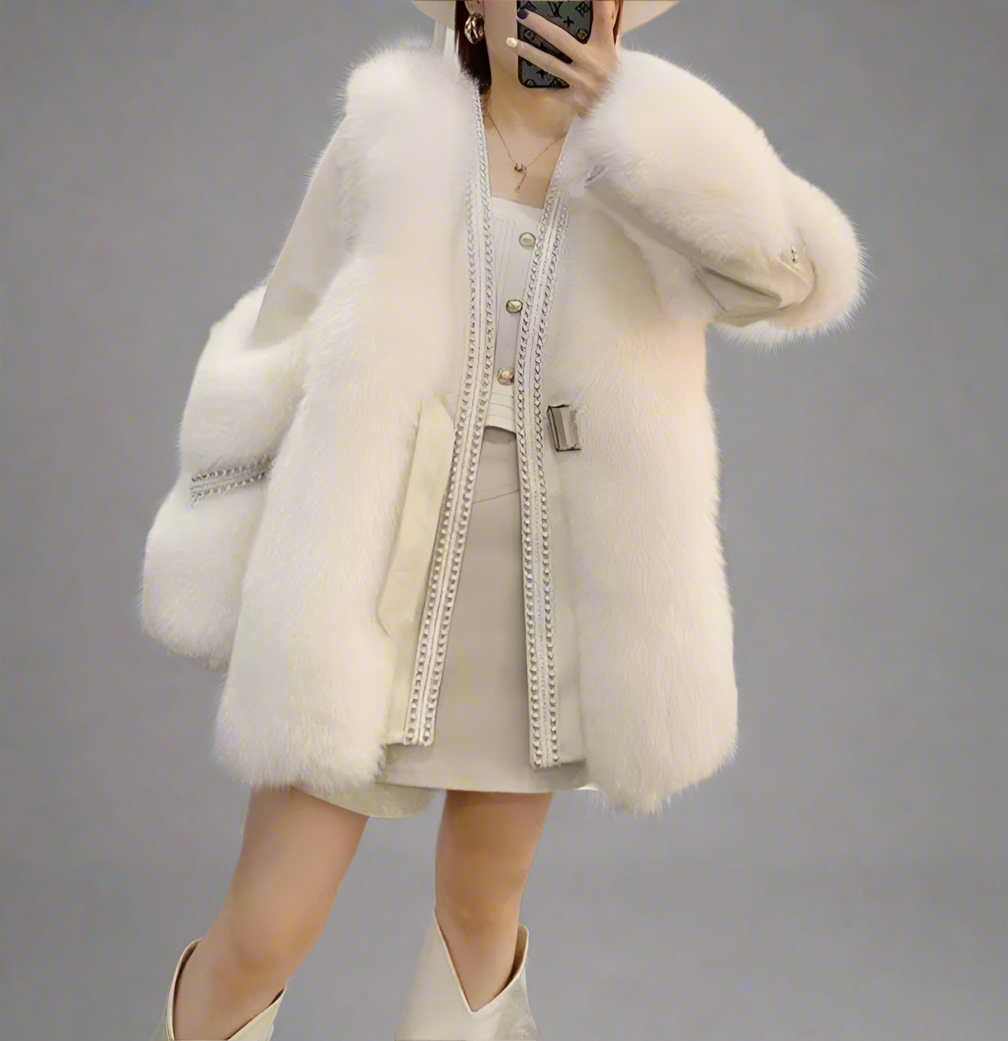 belted faux fur jacket with embellished trim - Feywetr