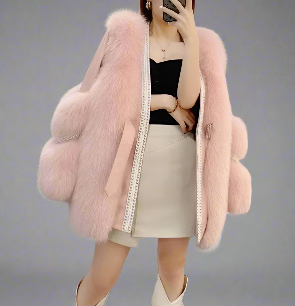 belted faux fur jacket with embellished trim - Feywetr