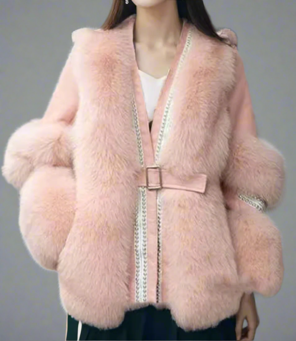belted faux fur jacket with embellished trim - Feywetr