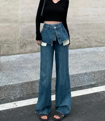 layered denim wide-leg pants with faux skirt overlay - Finepop