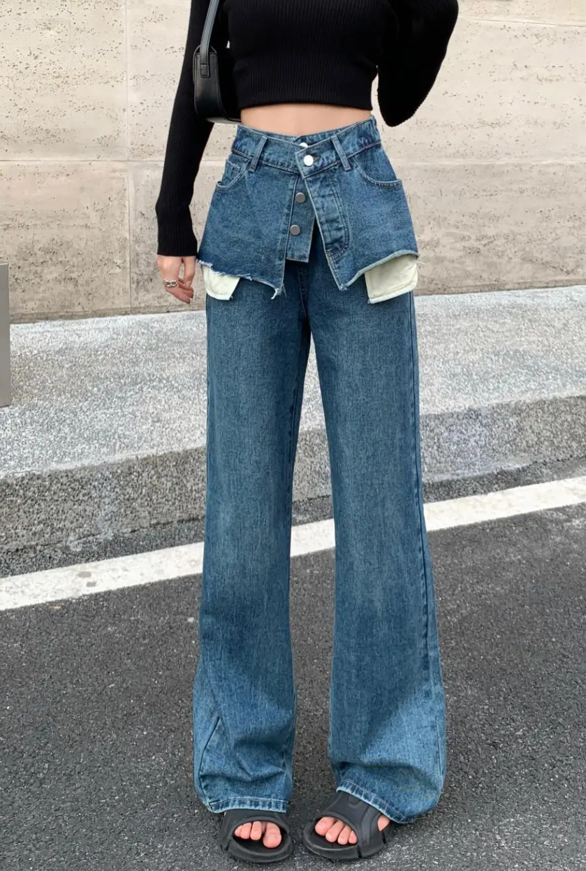 layered denim wide-leg pants with faux skirt overlay - Finepop