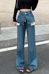layered denim wide-leg pants with faux skirt overlay - Finepop