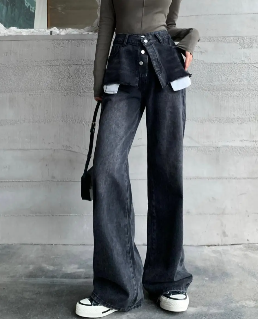 layered denim wide-leg pants with faux skirt overlay - Finepop