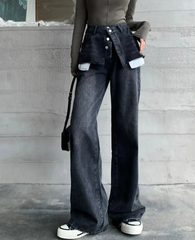 layered denim wide-leg pants with faux skirt overlay - Finepop