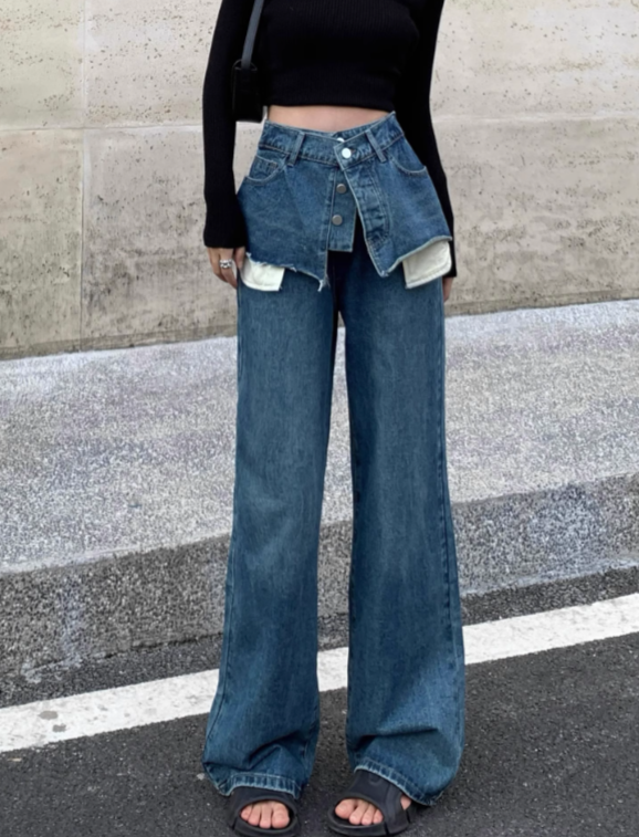 layered denim wide-leg pants with faux skirt overlay - Finepop
