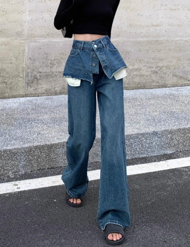 layered denim wide-leg pants with faux skirt overlay - Finepop