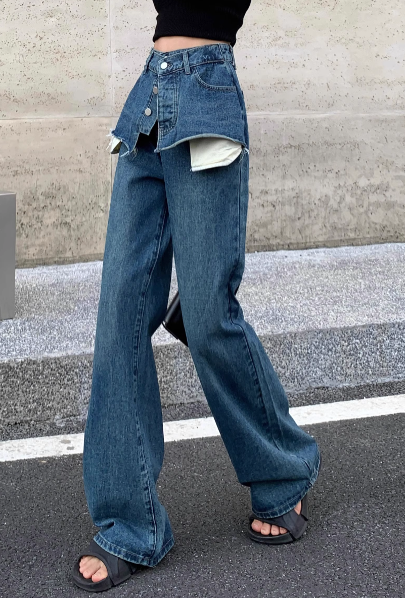 layered denim wide-leg pants with faux skirt overlay - Finepop