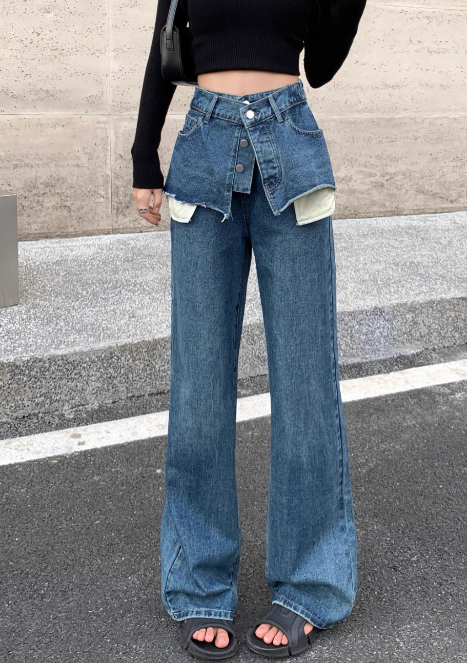 layered denim wide-leg pants with faux skirt overlay - Finepop