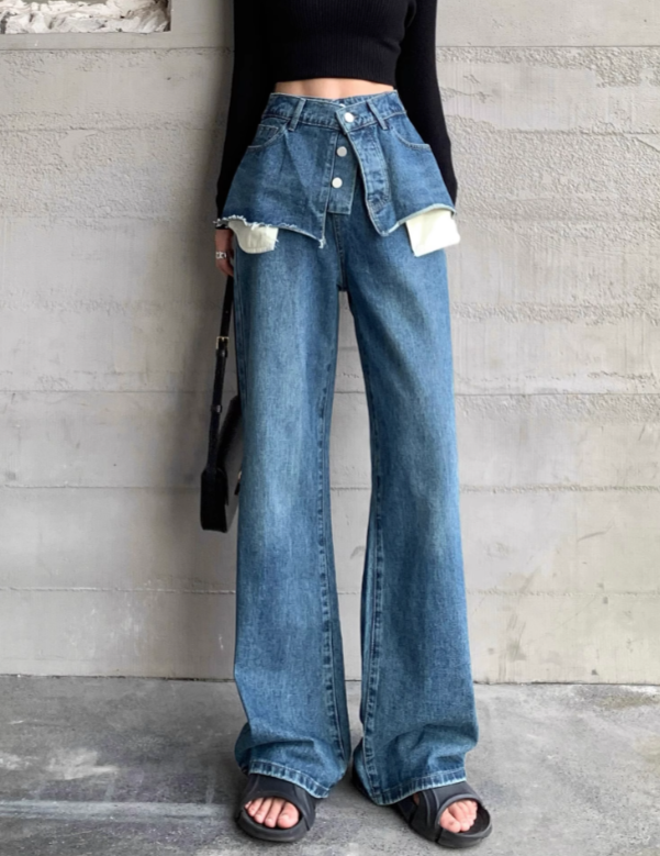 layered denim wide-leg pants with faux skirt overlay - Finepop