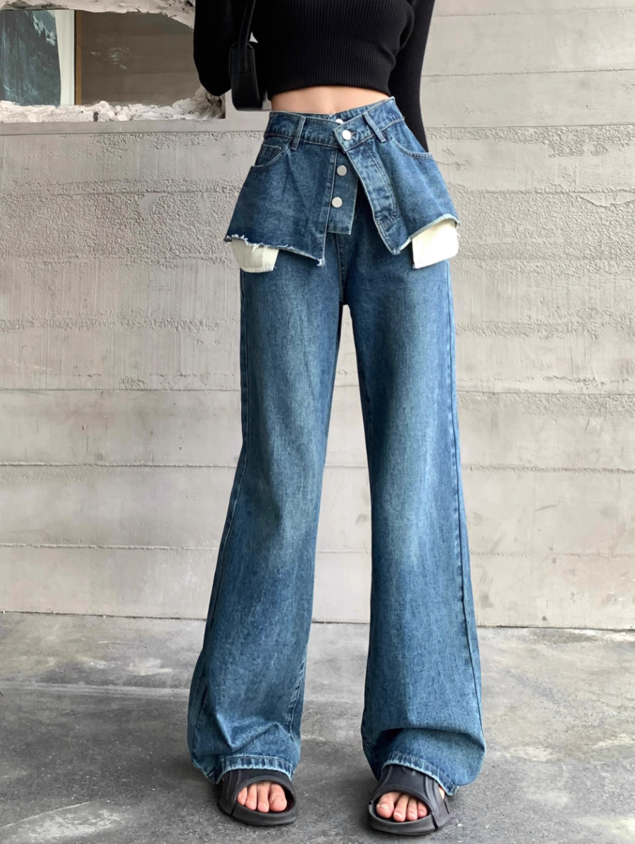 layered denim wide-leg pants with faux skirt overlay - Finepop