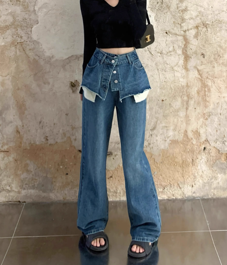 layered denim wide-leg pants with faux skirt overlay - Finepop
