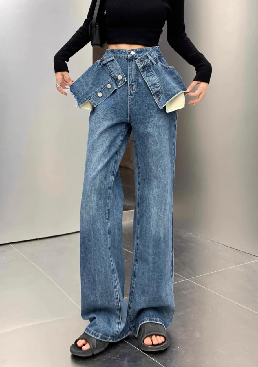 layered denim wide-leg pants with faux skirt overlay - Finepop