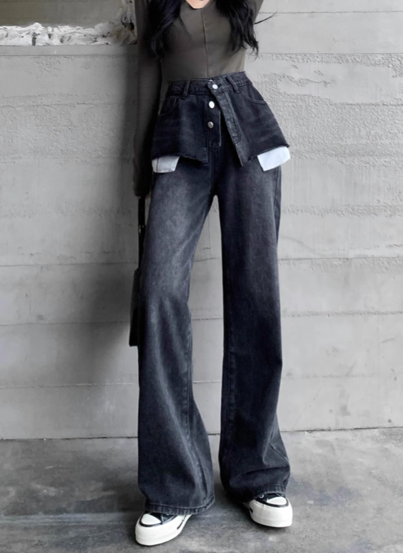 layered denim wide-leg pants with faux skirt overlay - Finepop