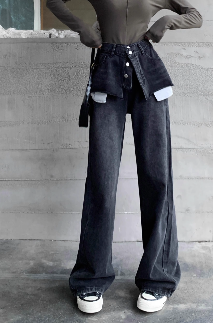 layered denim wide-leg pants with faux skirt overlay - Finepop