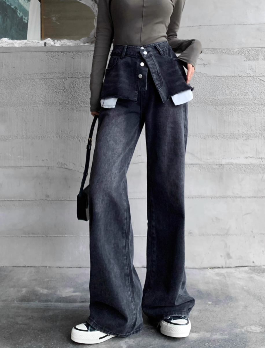 layered denim wide-leg pants with faux skirt overlay - Finepop