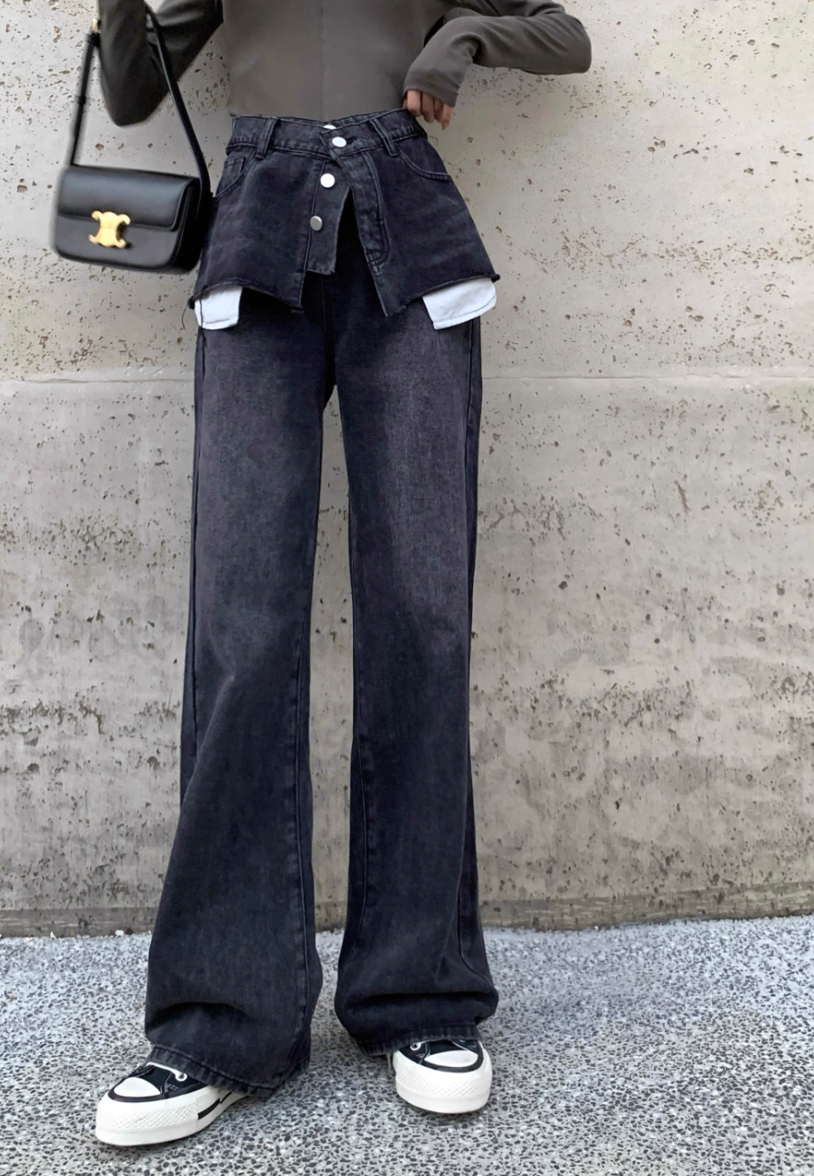 layered denim wide-leg pants with faux skirt overlay - Finepop