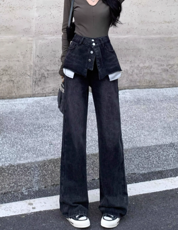 layered denim wide-leg pants with faux skirt overlay - Finepop