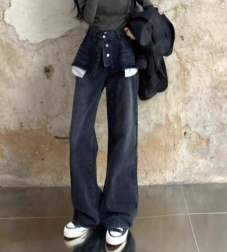 layered denim wide-leg pants with faux skirt overlay - Finepop