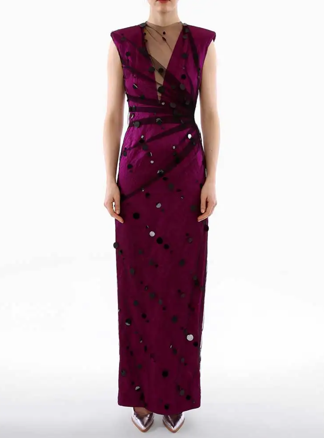 deep V-neck column gown with polka-dot appliqué – Sukhleen