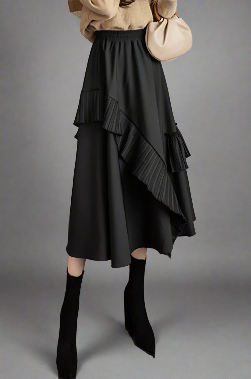 asymmetrical midi skirt with pleated ruffle trim - Firouzeh