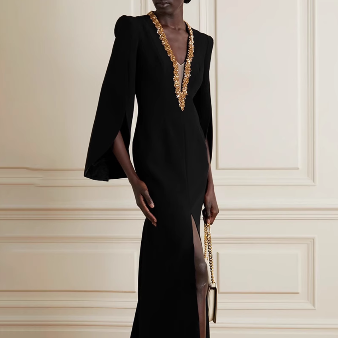 gold-embellished slit gown with cape sleeves – Goles