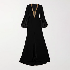 gold-embellished slit gown with cape sleeves – Goles