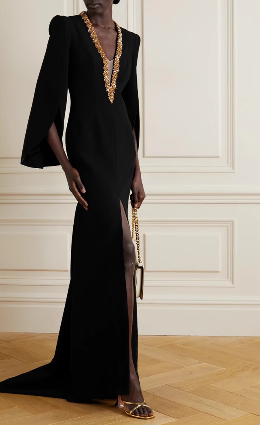 gold-embellished slit gown with cape sleeves – Goles