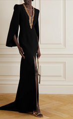 gold-embellished slit gown with cape sleeves – Goles