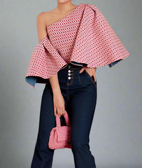 one-shoulder patterned crop top with flared sleeve - Gaxsad