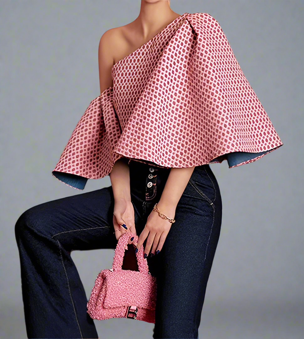 one-shoulder patterned crop top with flared sleeve - Gaxsad