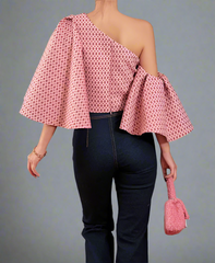 one-shoulder patterned crop top with flared sleeve - Gaxsad